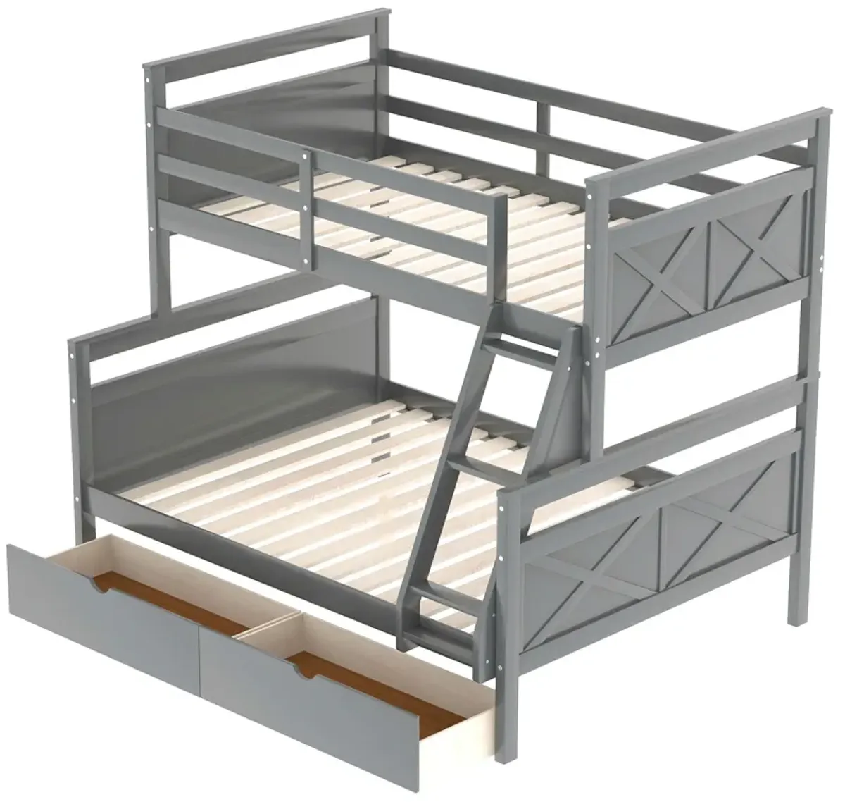 Twin Over Full Bunk Bed With Ladder, Two Storage Drawers, Safety Guardrail