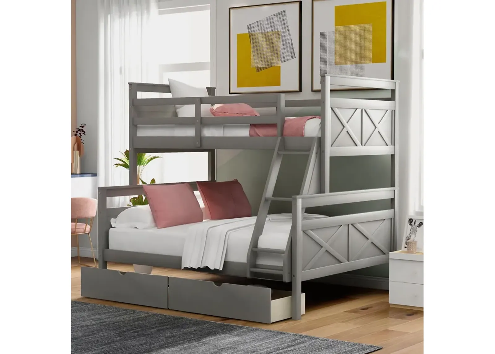 Twin Over Full Bunk Bed With Ladder, Two Storage Drawers, Safety Guardrail