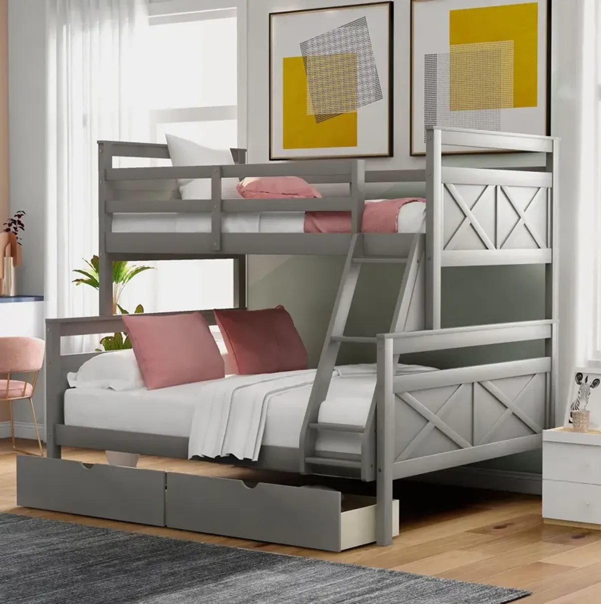 Twin Over Full Bunk Bed With Ladder, Two Storage Drawers, Safety Guardrail