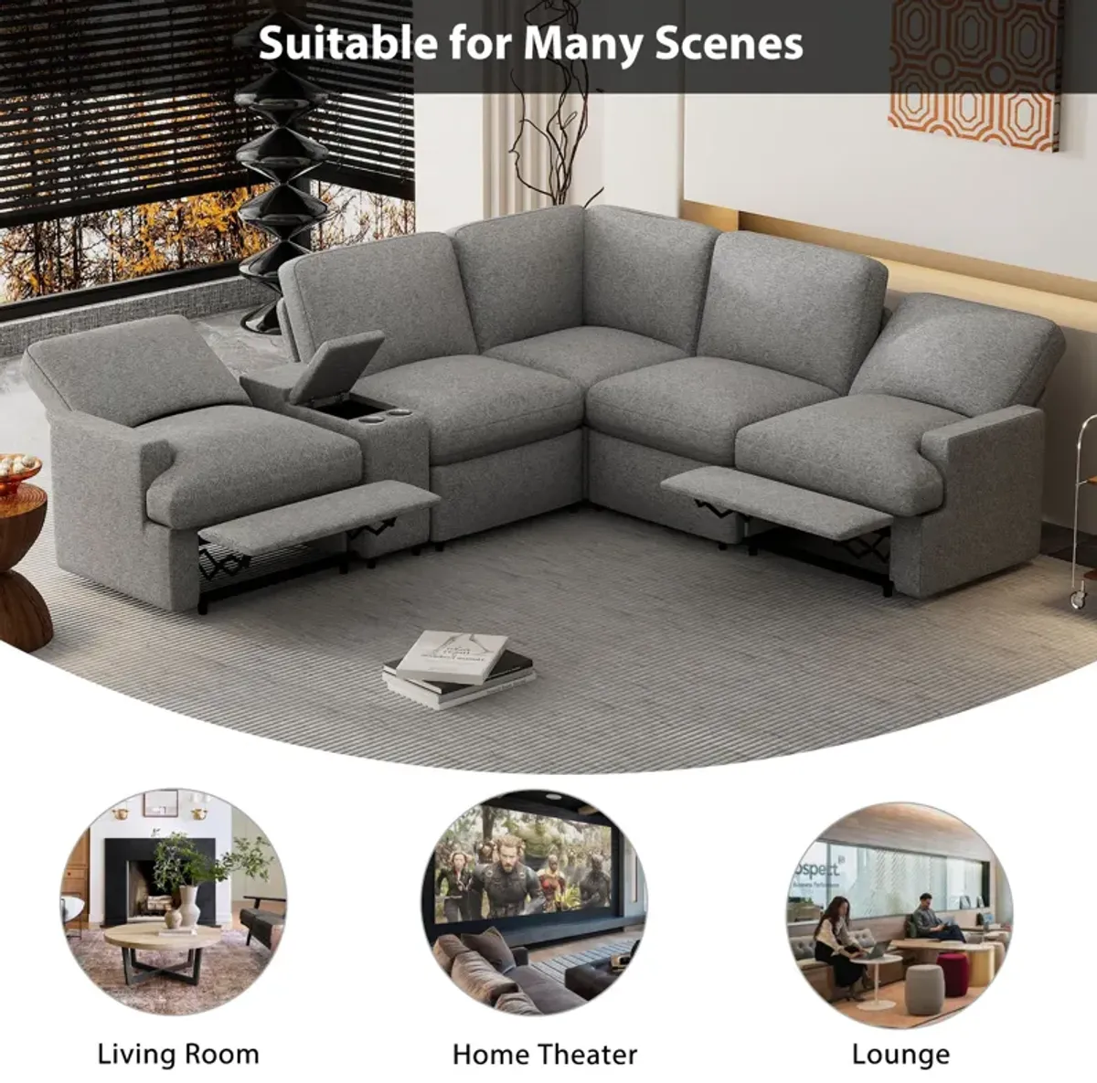 Power Recliner Corner Sofa Home Theater Reclining Sofa Sectional Couches With Storage Box, Cup Holders, USB Ports And Power Socket For Living Room