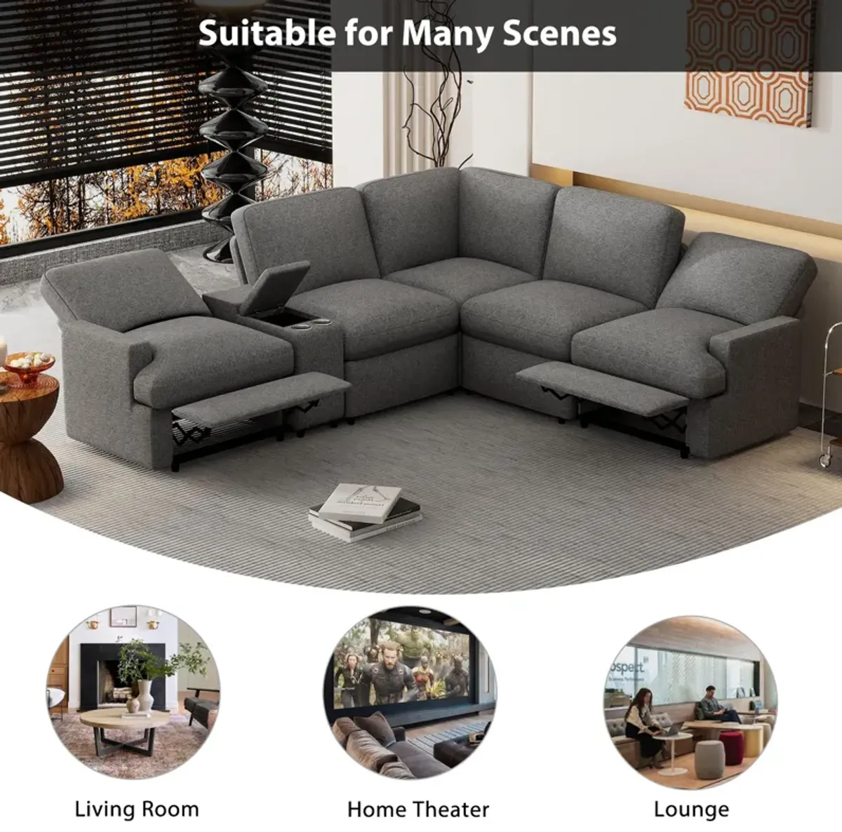 Power Recliner Corner Sofa Home Theater Reclining Sofa Sectional Couches With Storage Box, Cup Holders, USB Ports And Power Socket For Living Room