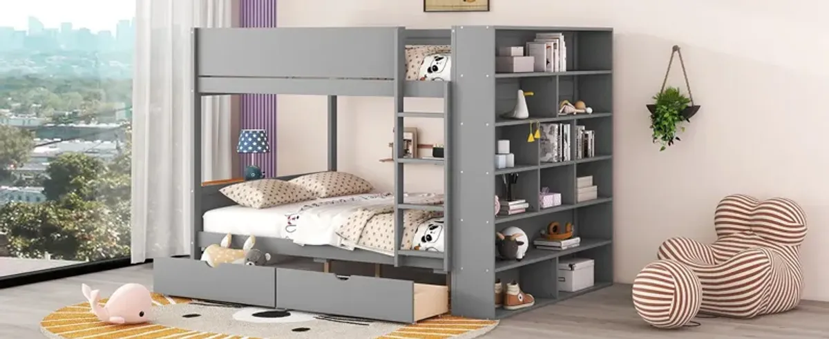 Full Over Full Bunk Bed With 2 Drawers And Multi - Layer Cabinet