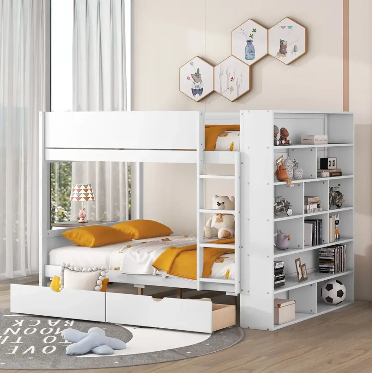 Full Over Full Bunk Bed With 2 Drawers And Multi - Layer Cabinet