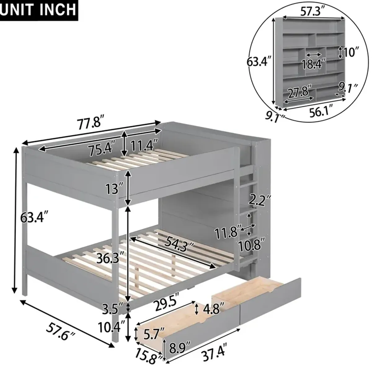 Full Over Full Bunk Bed With 2 Drawers And Multi - Layer Cabinet