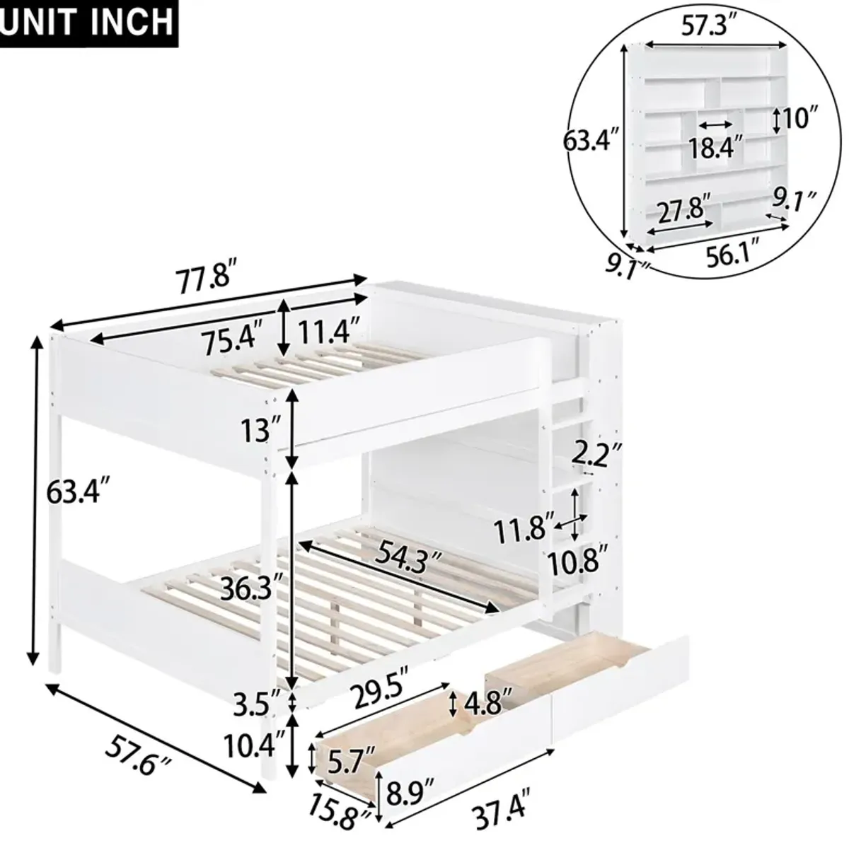 Full Over Full Bunk Bed With 2 Drawers And Multi - Layer Cabinet