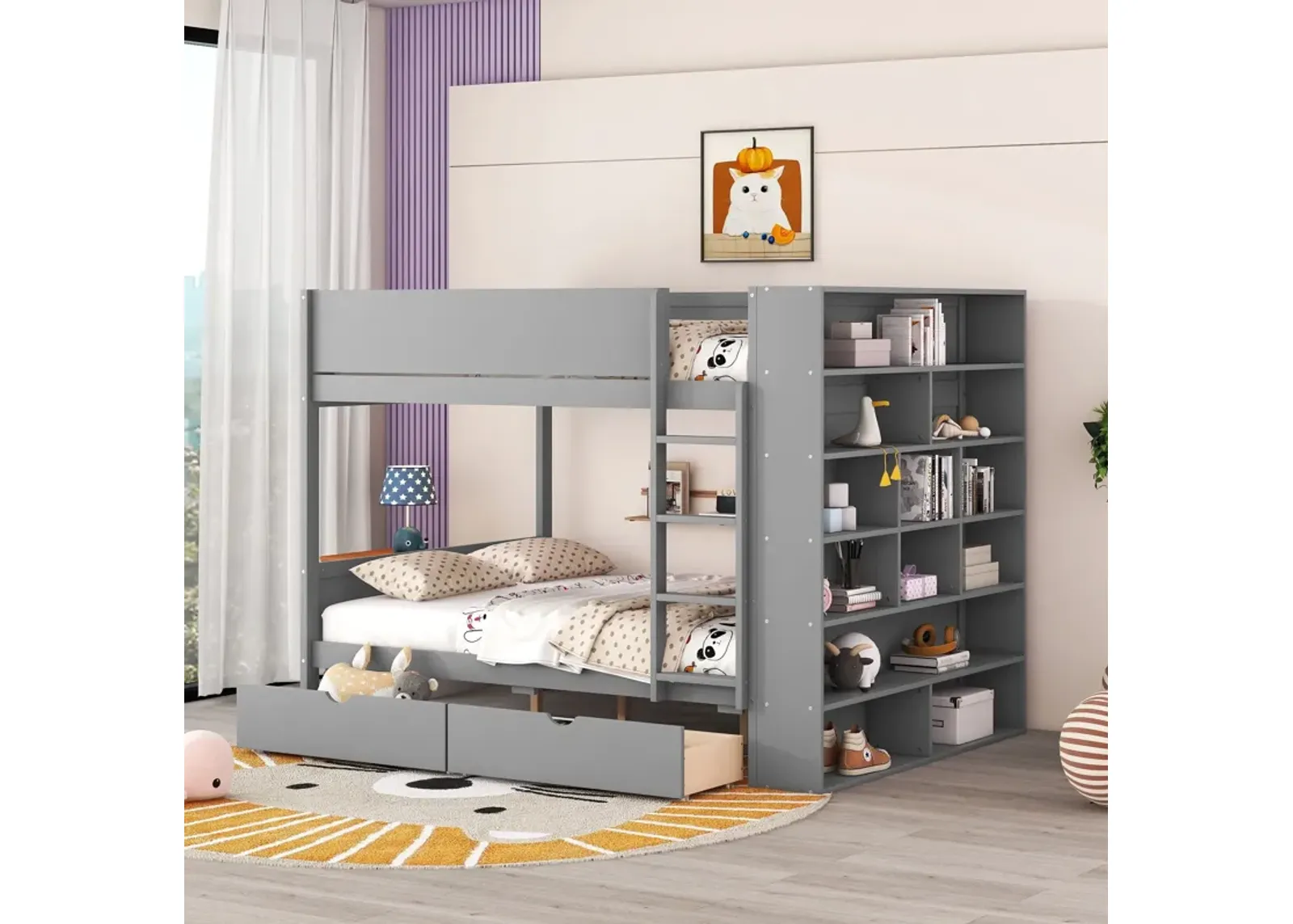 Full Over Full Bunk Bed With 2 Drawers And Multi - Layer Cabinet