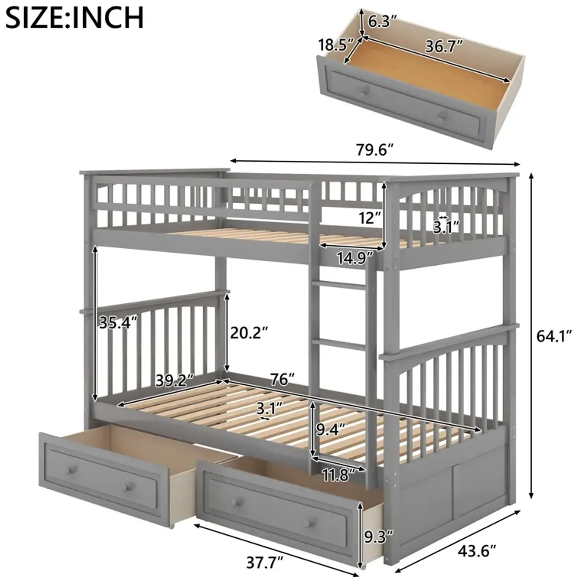 Twin Over Twin Bunk Bed With Drawers, Convertible Beds