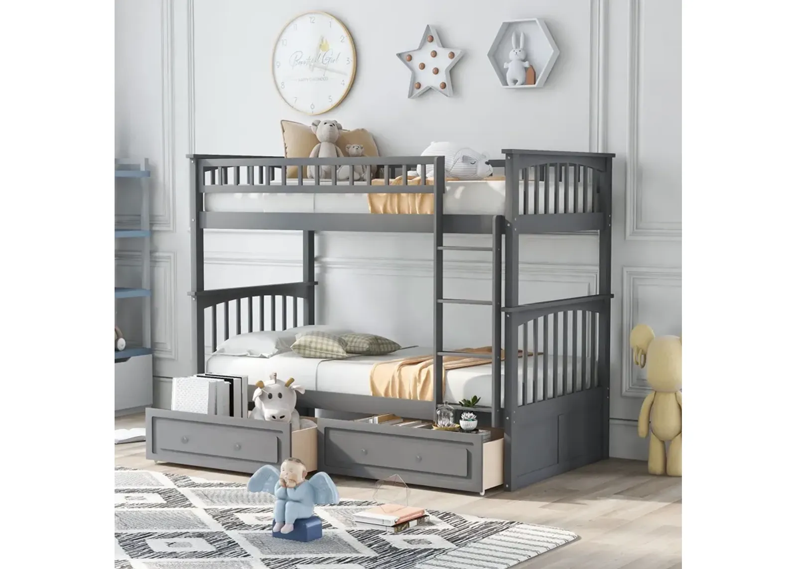 Twin Over Twin Bunk Bed With Drawers, Convertible Beds