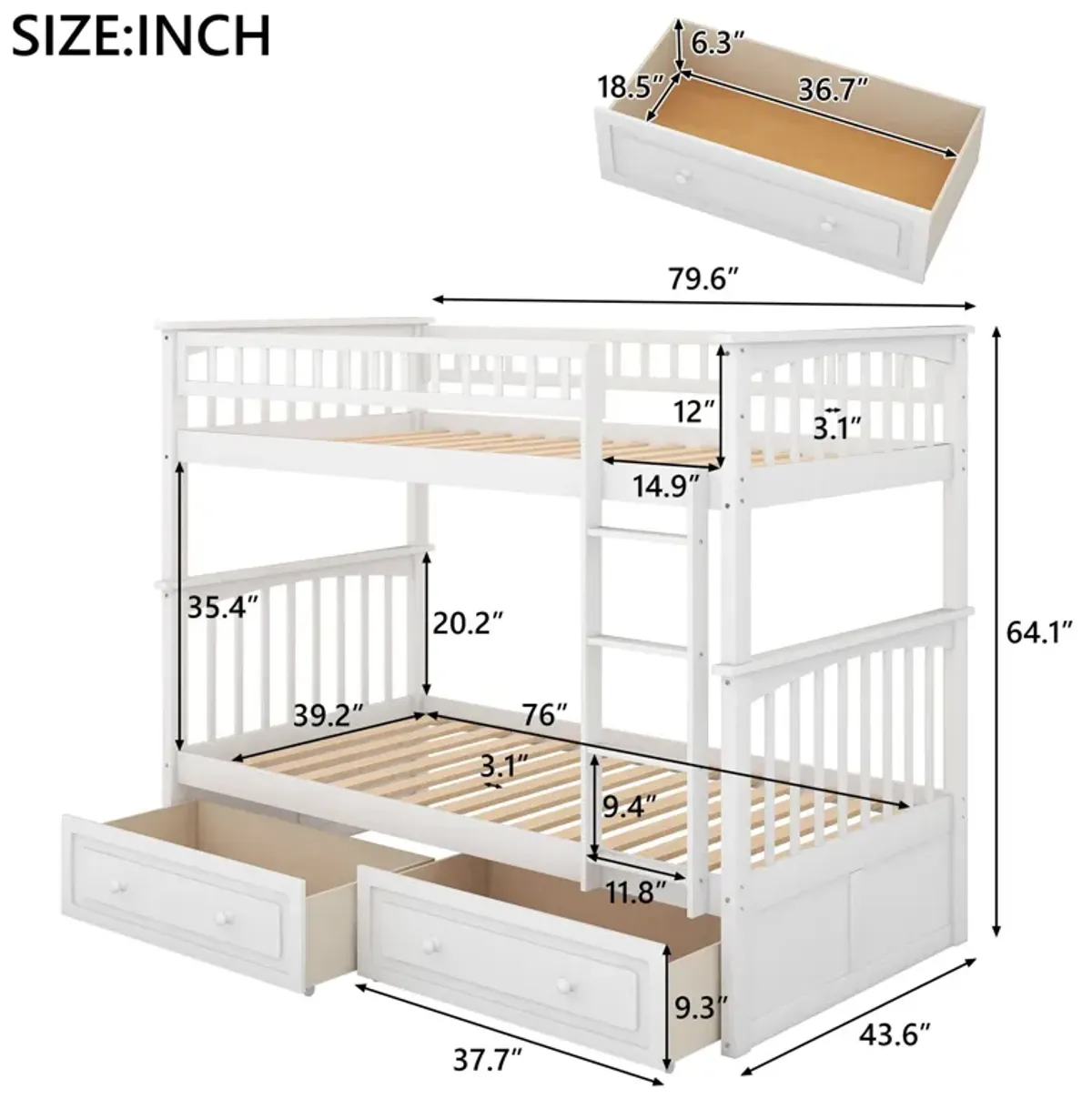 Twin Over Twin Bunk Bed With Drawers, Convertible Beds