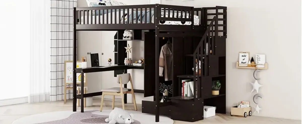 Full Size Loft Bed With Bookshelf, Drawers, Desk, And Wardrobe