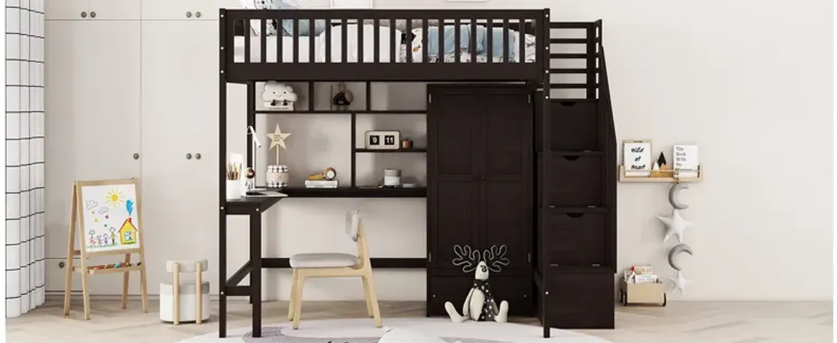 Full Size Loft Bed With Bookshelf, Drawers, Desk, And Wardrobe