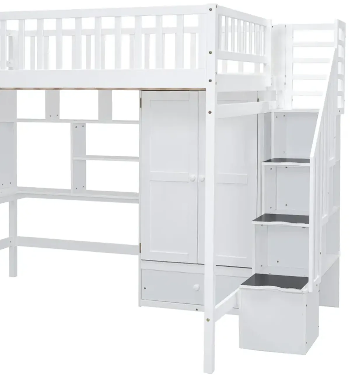 Full Size Loft Bed With Bookshelf, Drawers, Desk, And Wardrobe