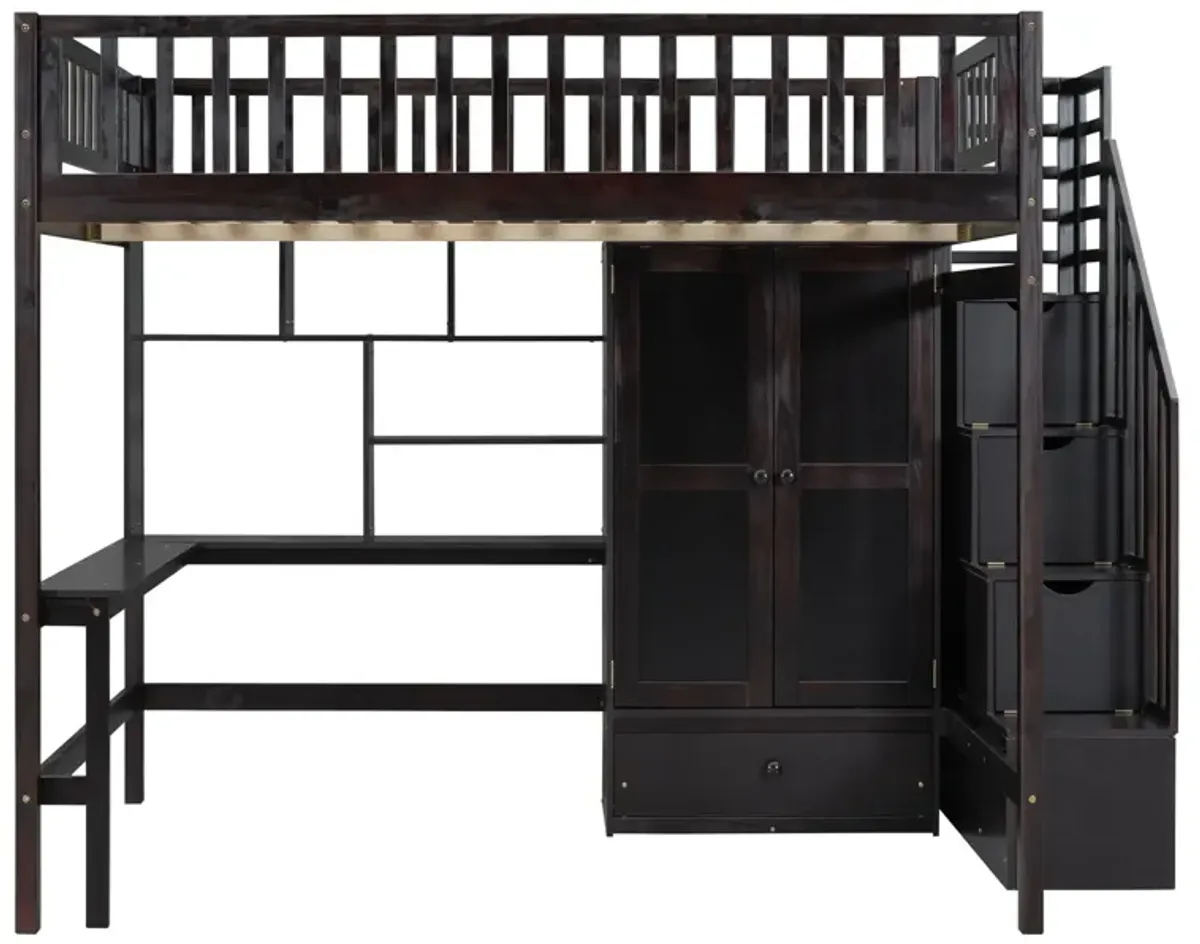 Full Size Loft Bed With Bookshelf, Drawers, Desk, And Wardrobe