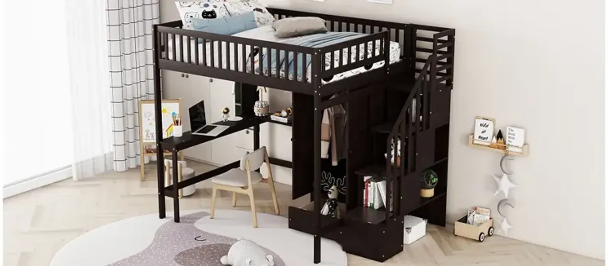 Full Size Loft Bed With Bookshelf, Drawers, Desk, And Wardrobe