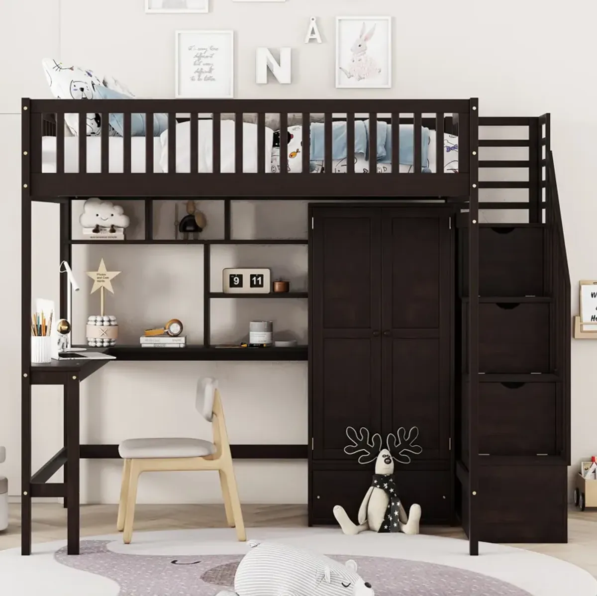 Full Size Loft Bed With Bookshelf, Drawers, Desk, And Wardrobe