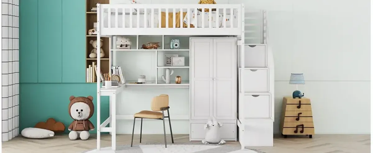 Full Size Loft Bed With Bookshelf, Drawers, Desk, And Wardrobe