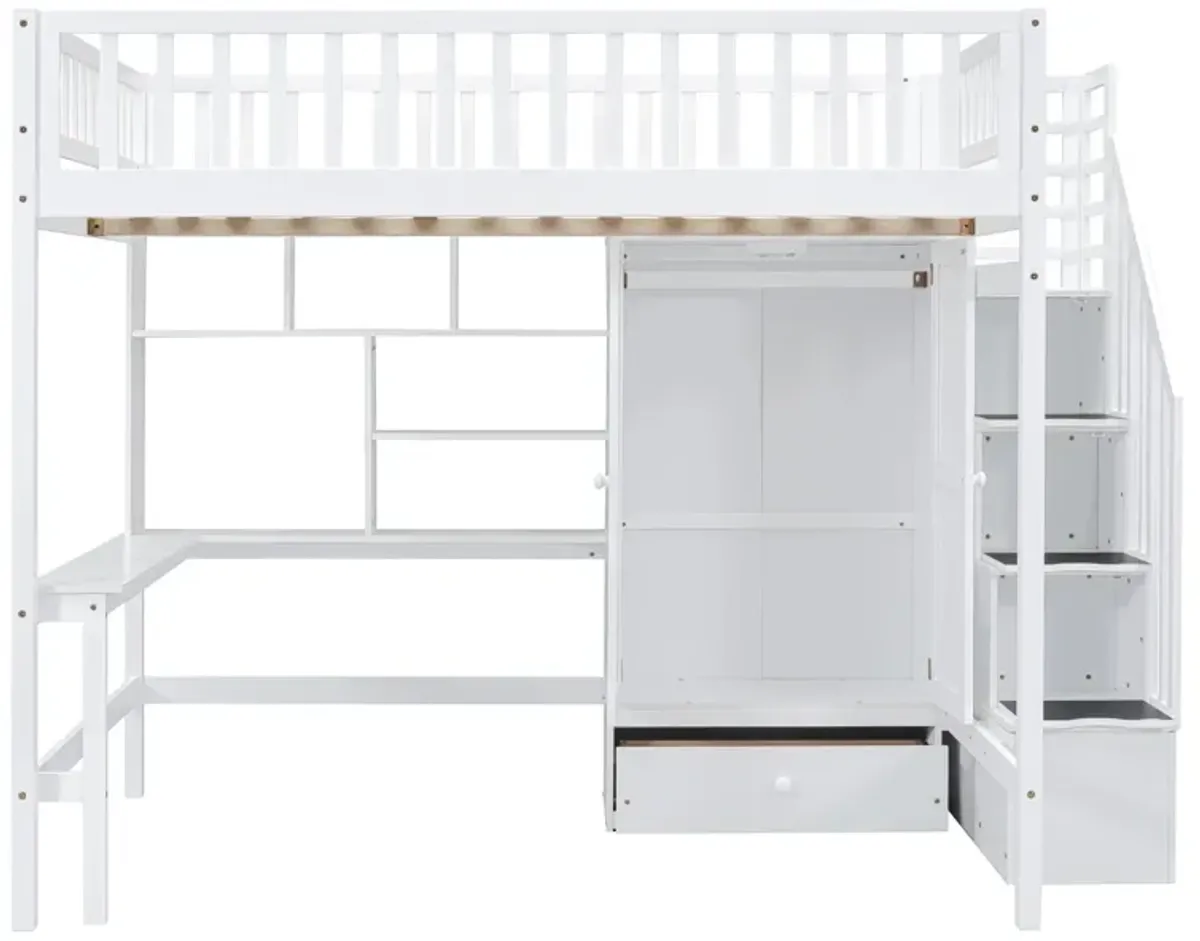 Full Size Loft Bed With Bookshelf, Drawers, Desk, And Wardrobe