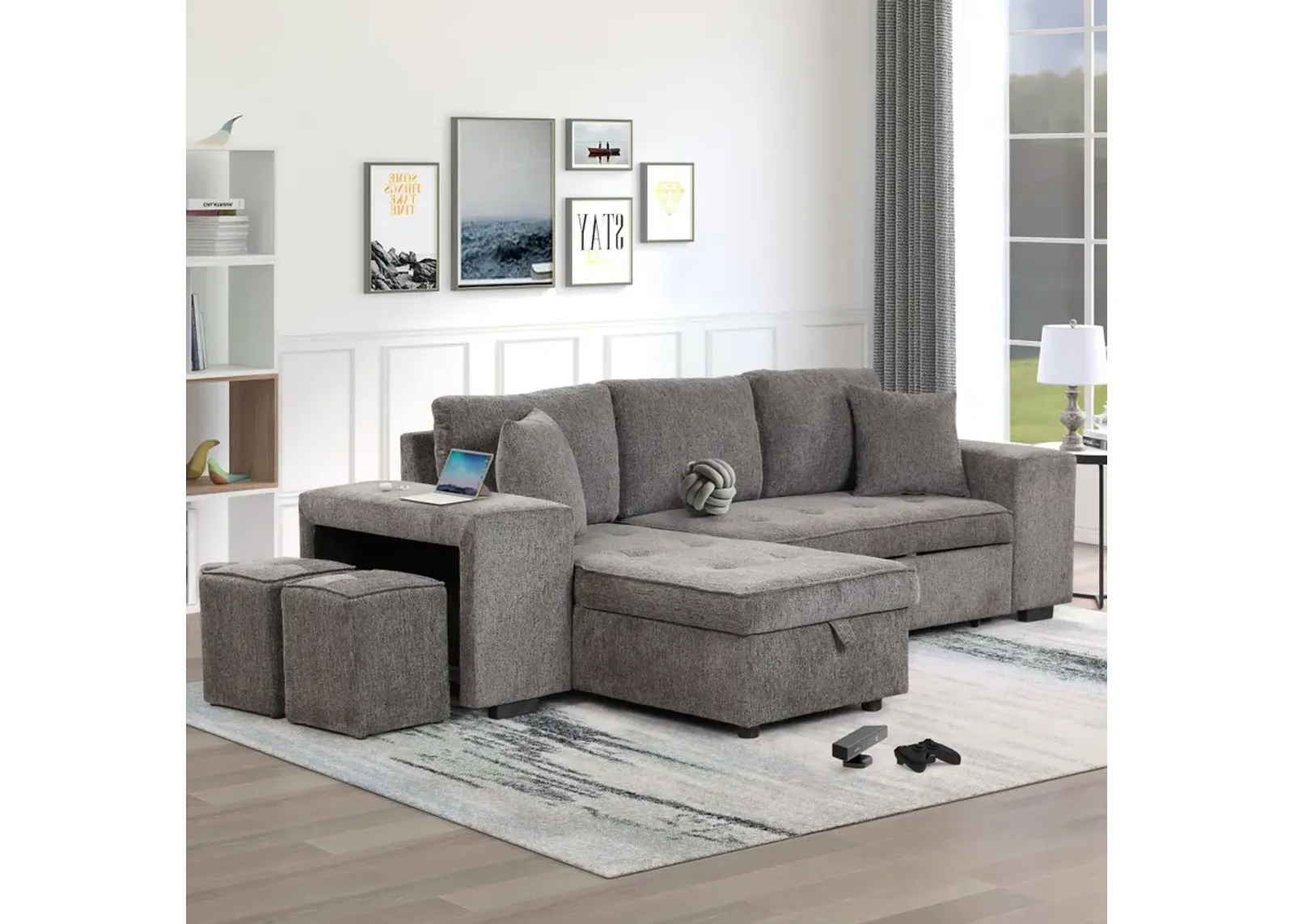 Modern L-Shape 3 Seat Reversible Sectional Couch, Pull Out Sleeper Sofa With Storage Chaise And 2 Stools For Living Room Furniture Set