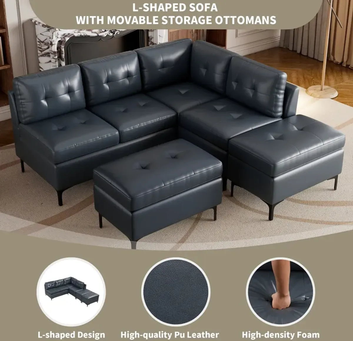 L-Shaped Corner Sofa Sectional Sofa Couch With Movable Storage Ottomans For Living Room