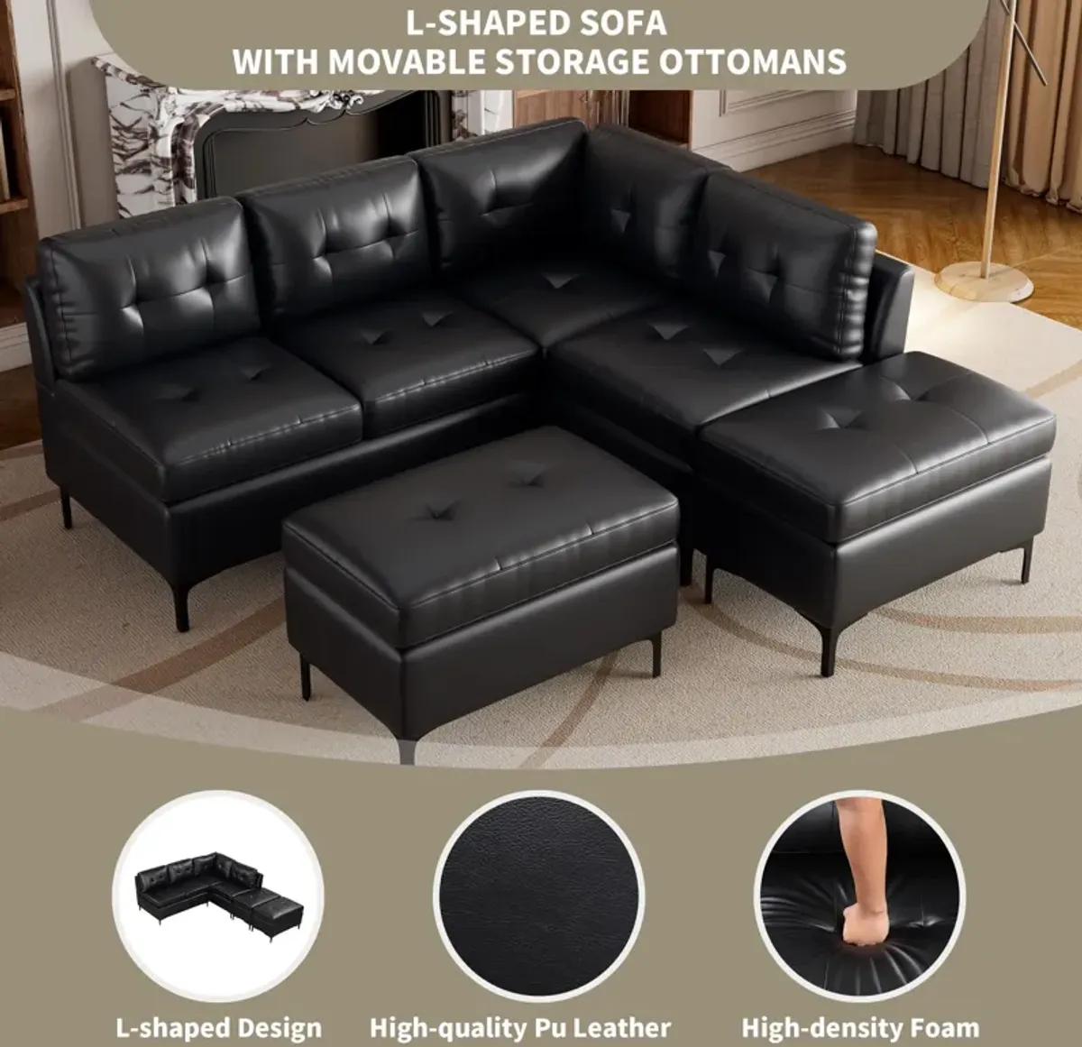 L-Shaped Corner Sofa Sectional Sofa Couch With Movable Storage Ottomans For Living Room