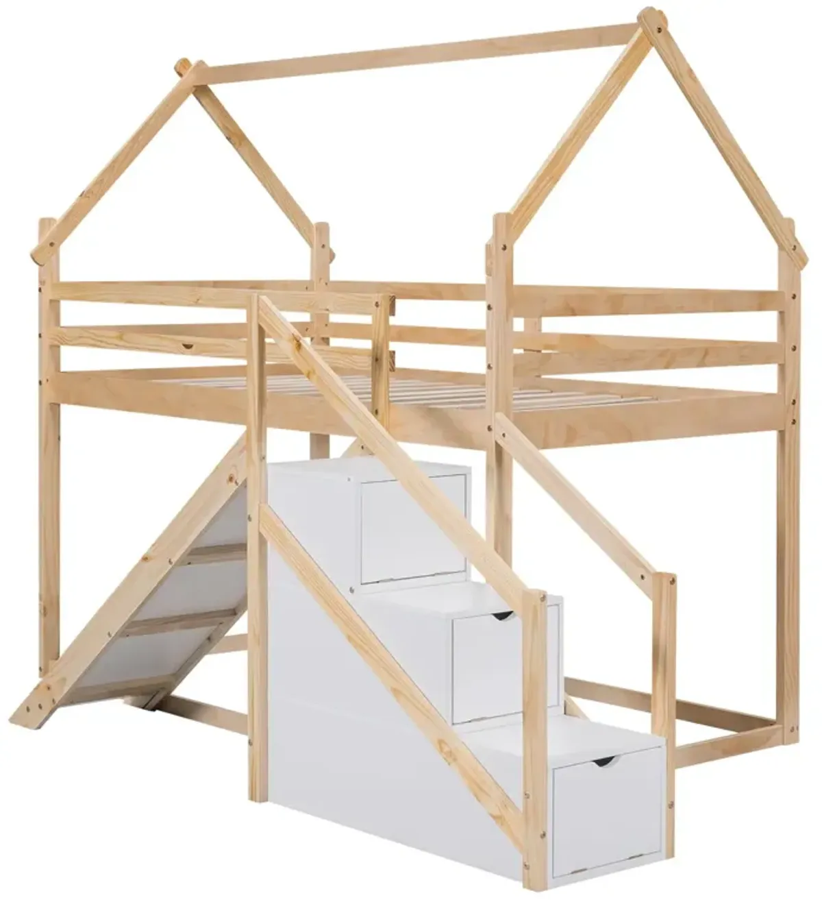 Twin Over Twin House Loft Or Bunk Bed With Slide And Staircase