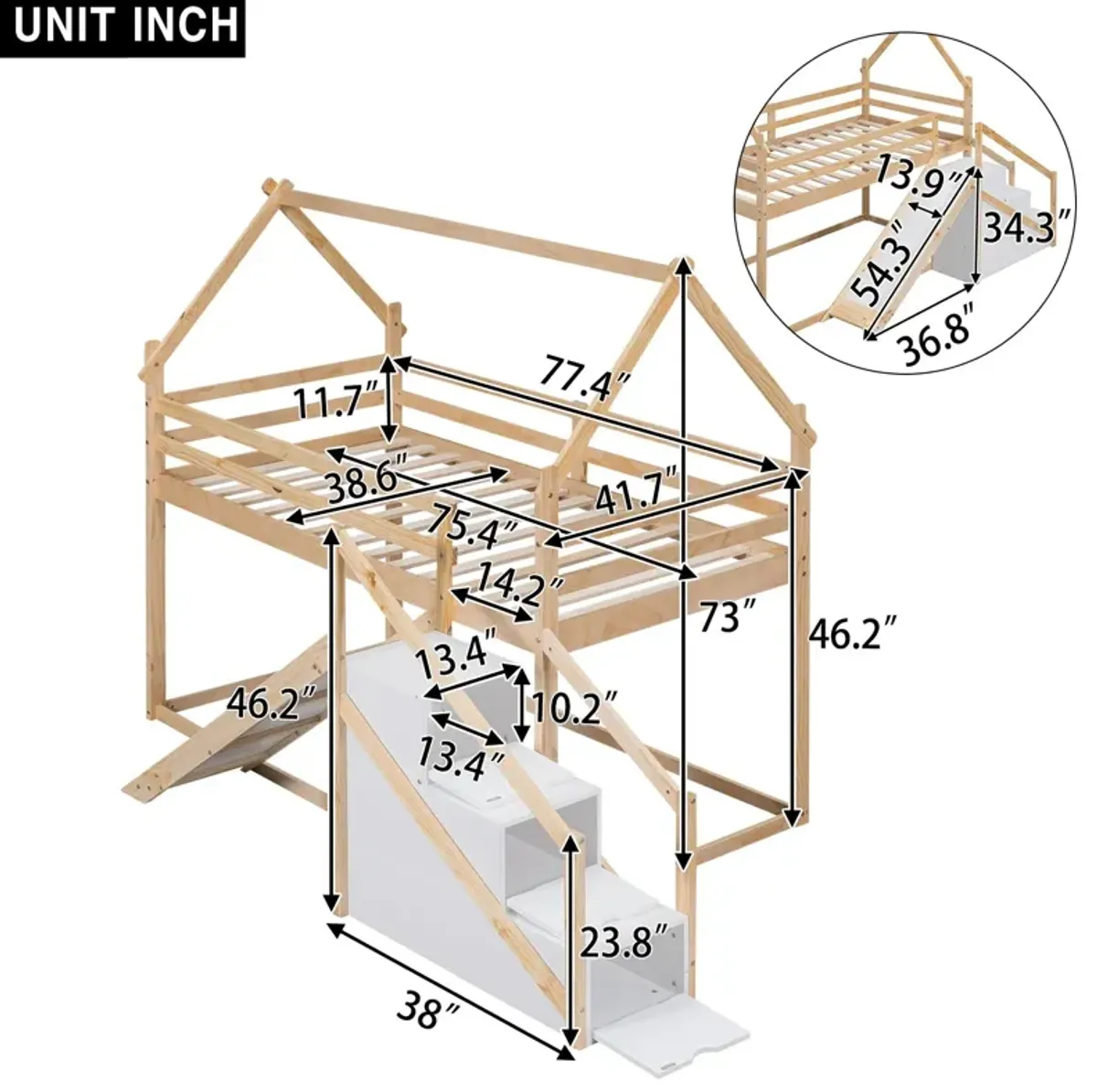 Twin Over Twin House Loft Or Bunk Bed With Slide And Staircase