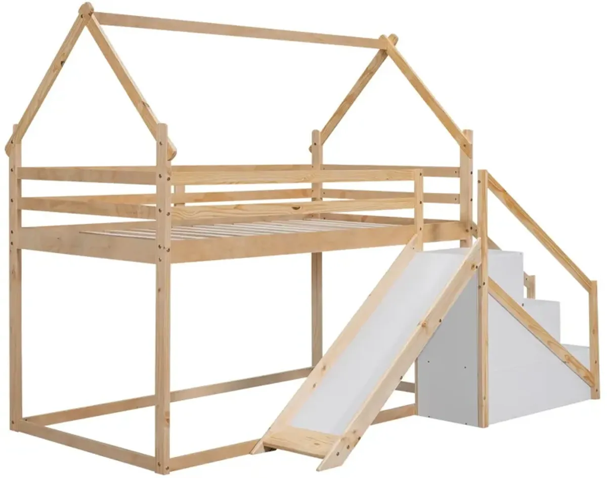 Twin Over Twin House Loft Or Bunk Bed With Slide And Staircase