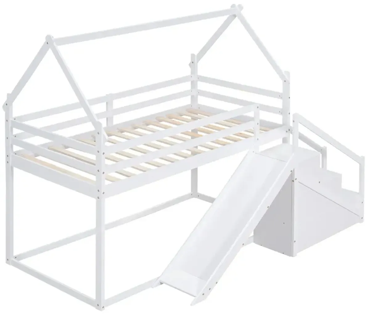 Twin Over Twin House Loft Or Bunk Bed With Slide And Staircase