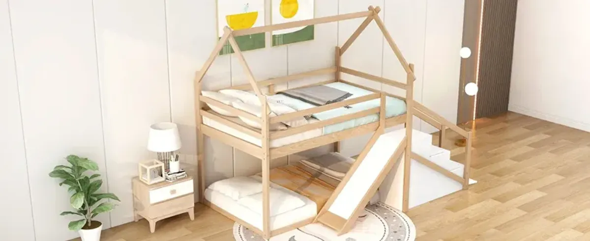 Twin Over Twin House Loft Or Bunk Bed With Slide And Staircase