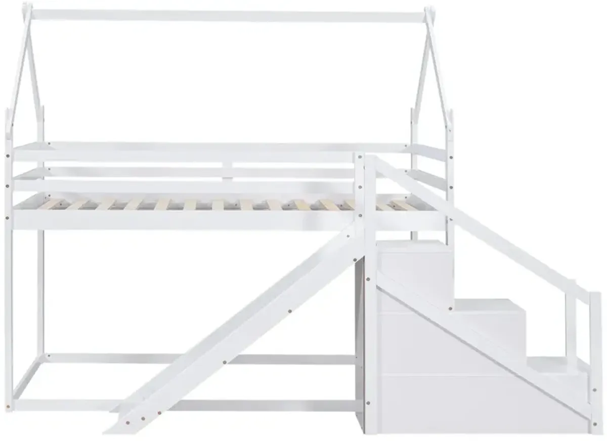 Twin Over Twin House Loft Or Bunk Bed With Slide And Staircase