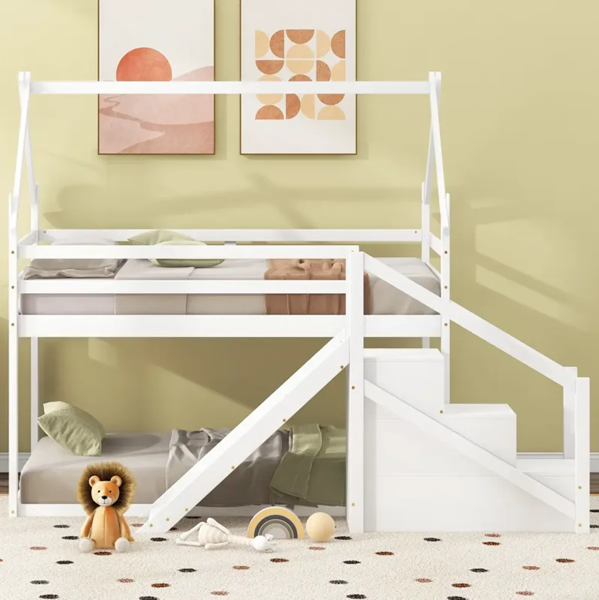 Twin Over Twin House Loft Or Bunk Bed With Slide And Staircase