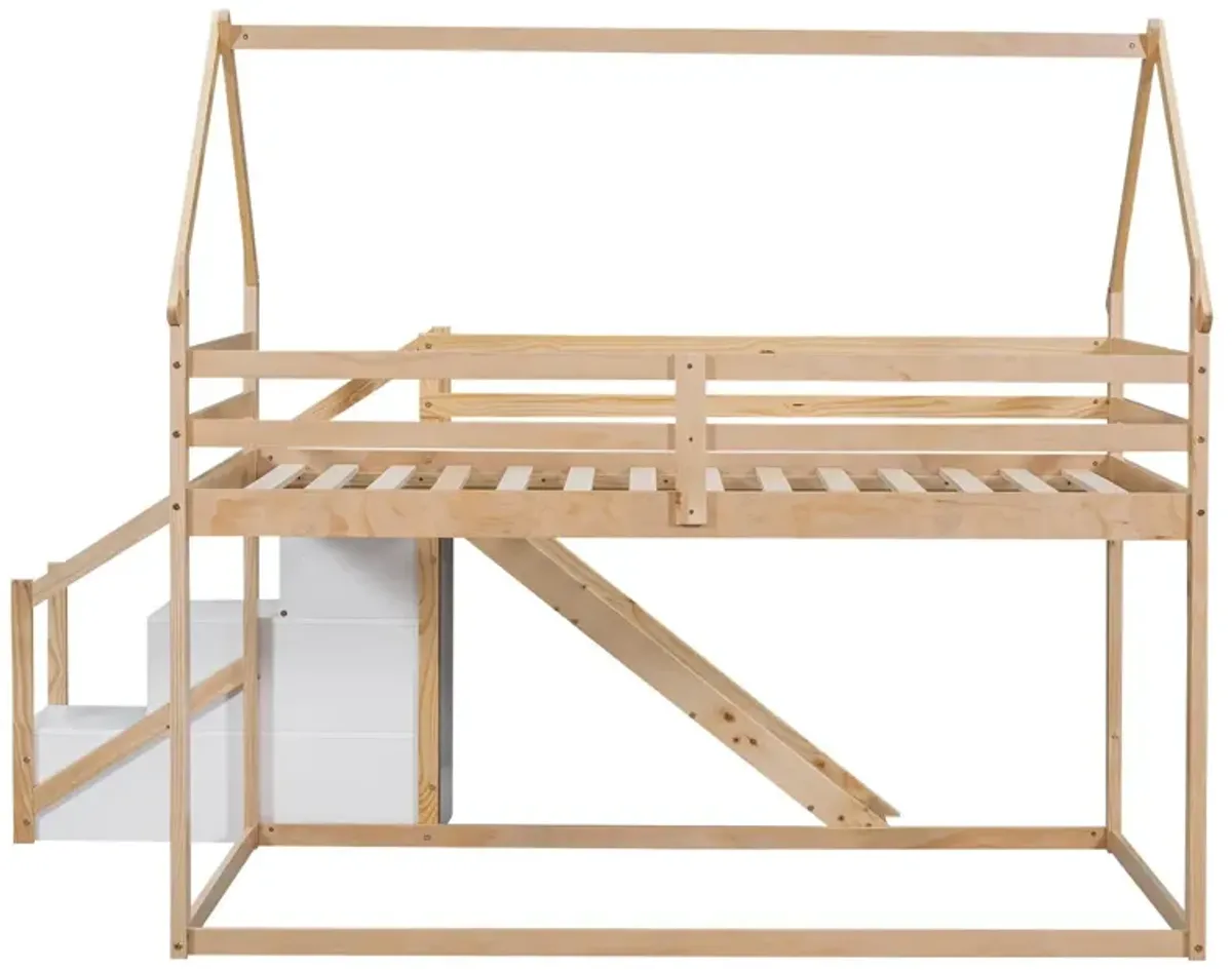 Twin Over Twin House Loft Or Bunk Bed With Slide And Staircase