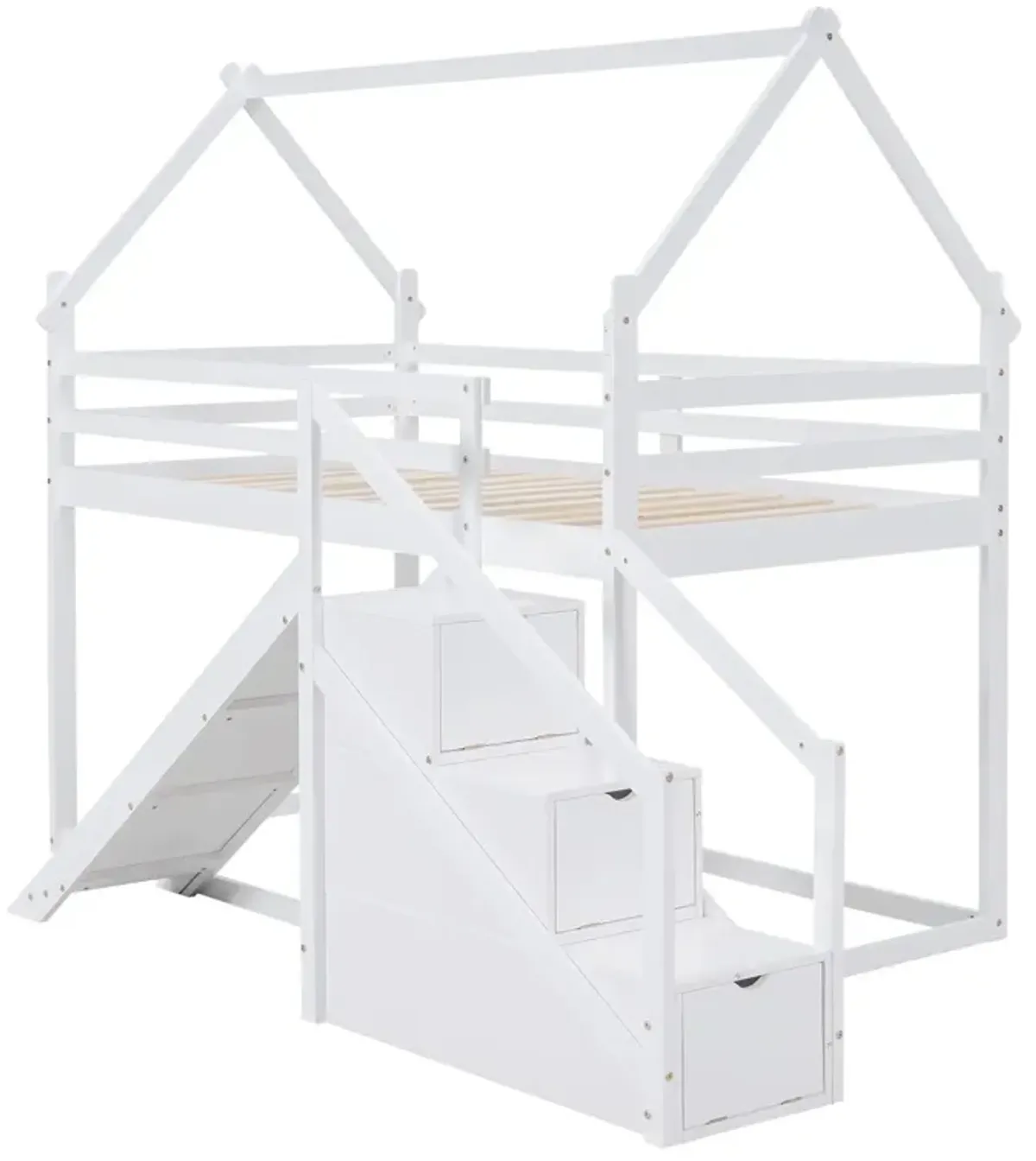 Twin Over Twin House Loft Or Bunk Bed With Slide And Staircase