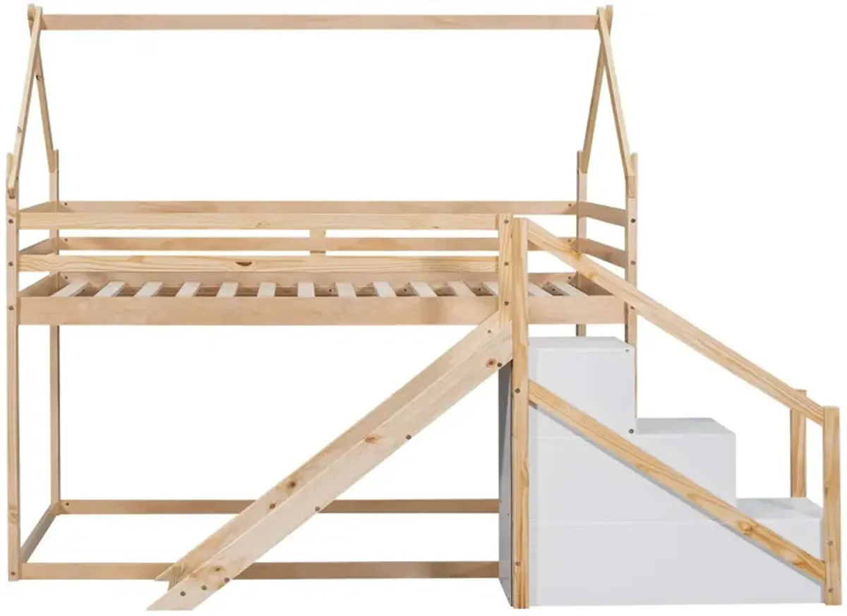 Twin Over Twin House Loft Or Bunk Bed With Slide And Staircase