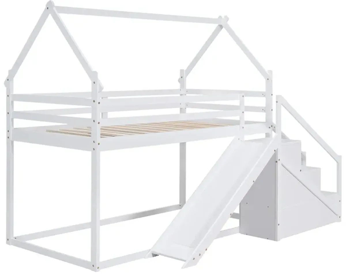 Twin Over Twin House Loft Or Bunk Bed With Slide And Staircase