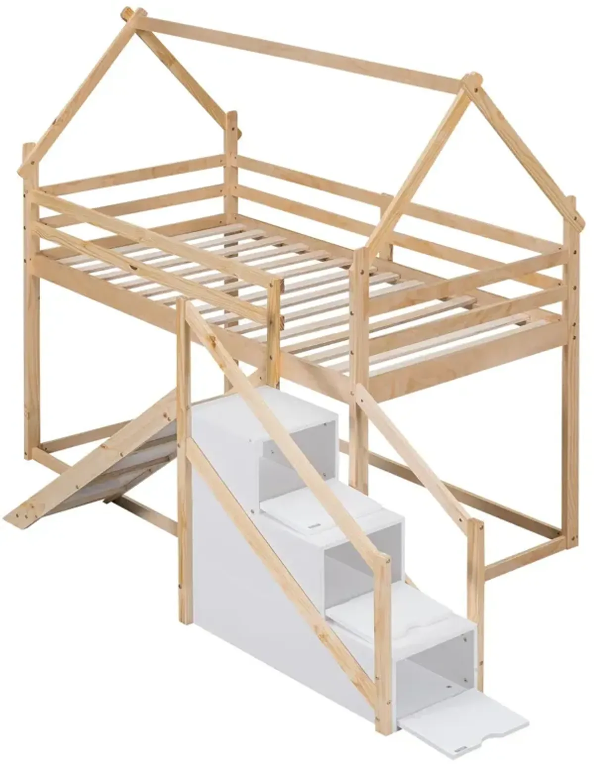 Twin Over Twin House Loft Or Bunk Bed With Slide And Staircase