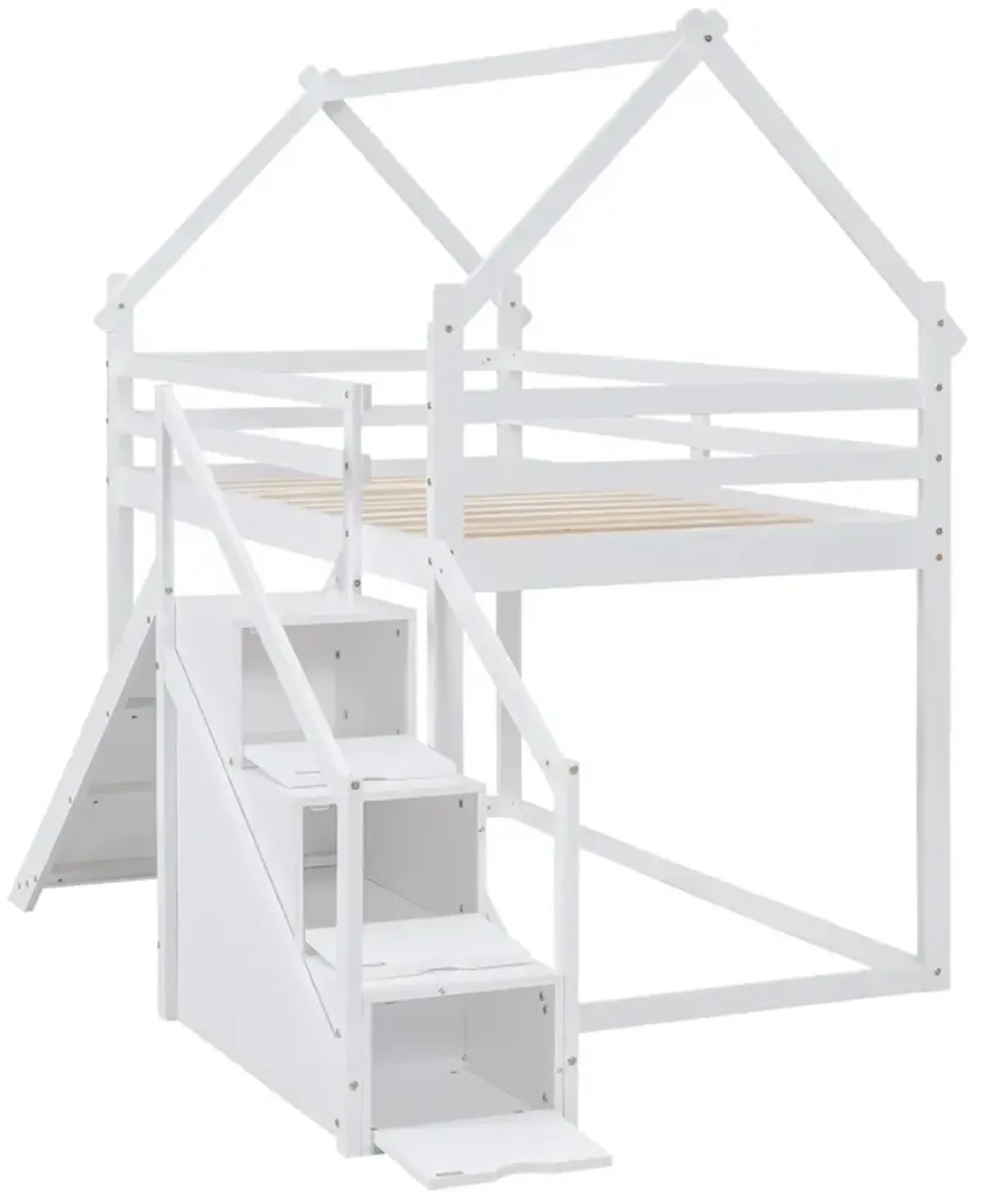 Twin Over Twin House Loft Or Bunk Bed With Slide And Staircase