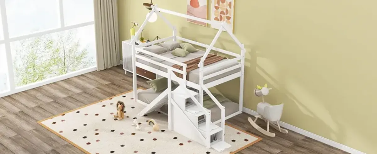 Twin Over Twin House Loft Or Bunk Bed With Slide And Staircase