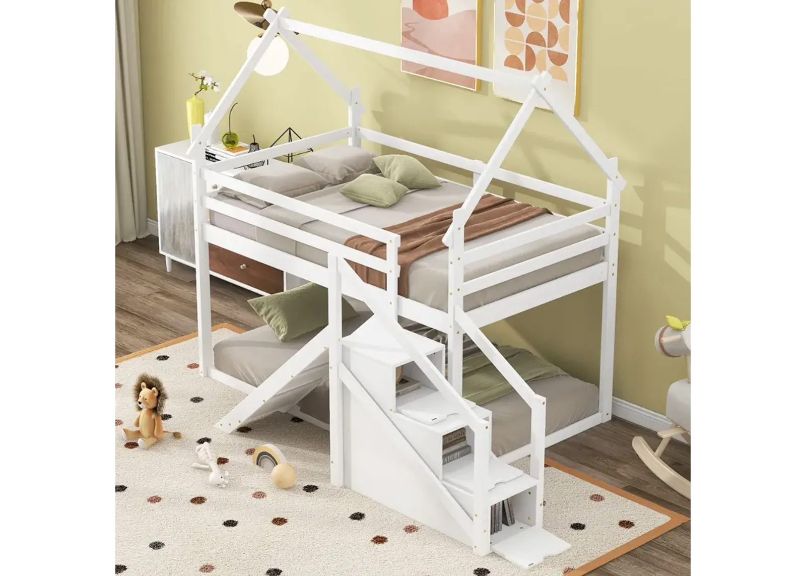 Twin Over Twin House Loft Or Bunk Bed With Slide And Staircase