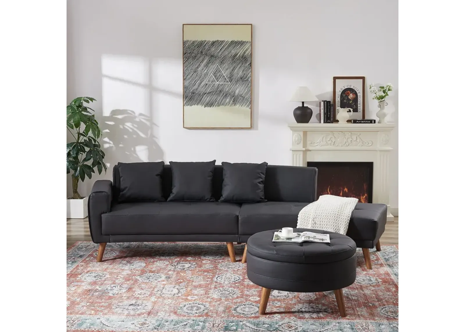 Contemporary Sofa Stylish Sofa Couch With A Round Storage Ottoman And Three Removable Pillows For Living Room