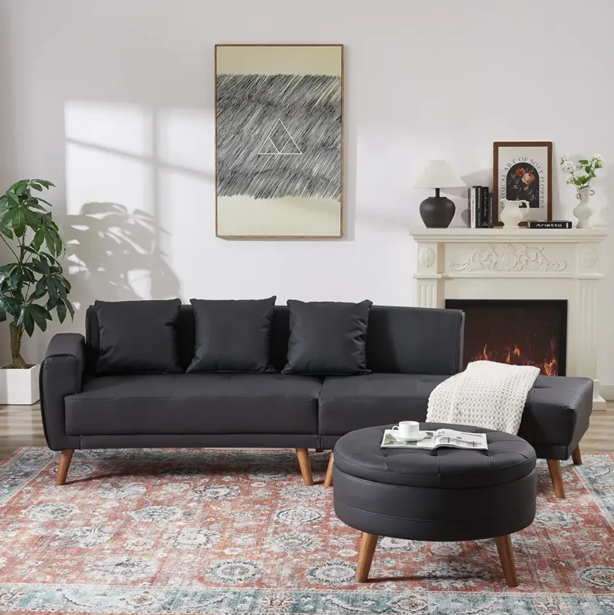 Contemporary Sofa Stylish Sofa Couch With A Round Storage Ottoman And Three Removable Pillows For Living Room