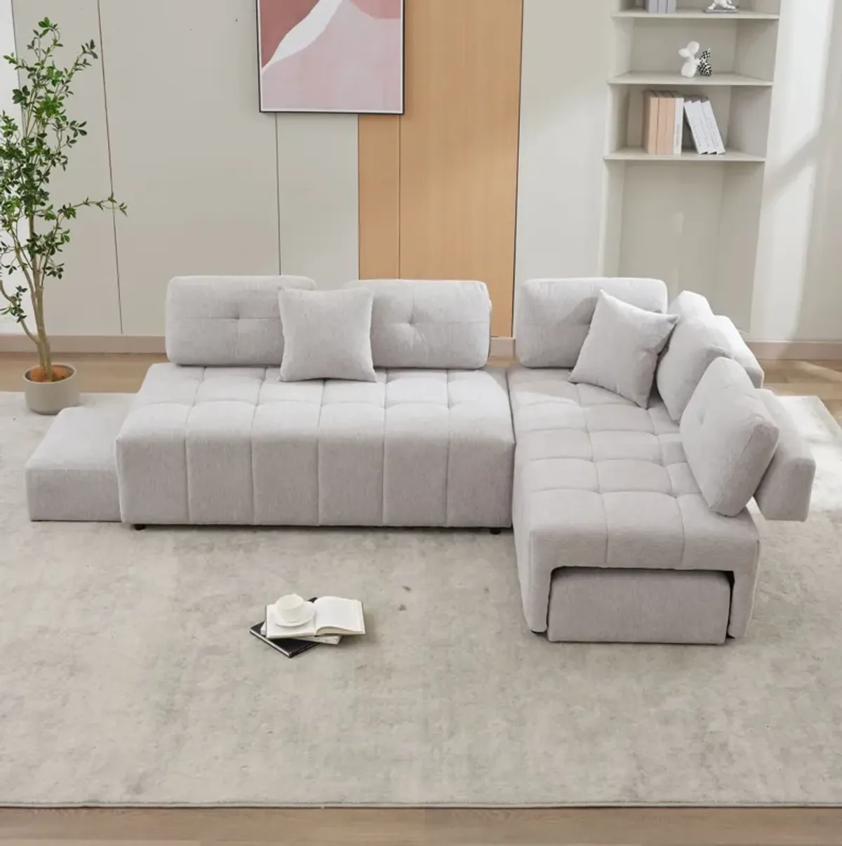 L-Shaped Sofa Sectional Sofa Couch With 2 Stools And 2 Lumbar Pillows For Living Room