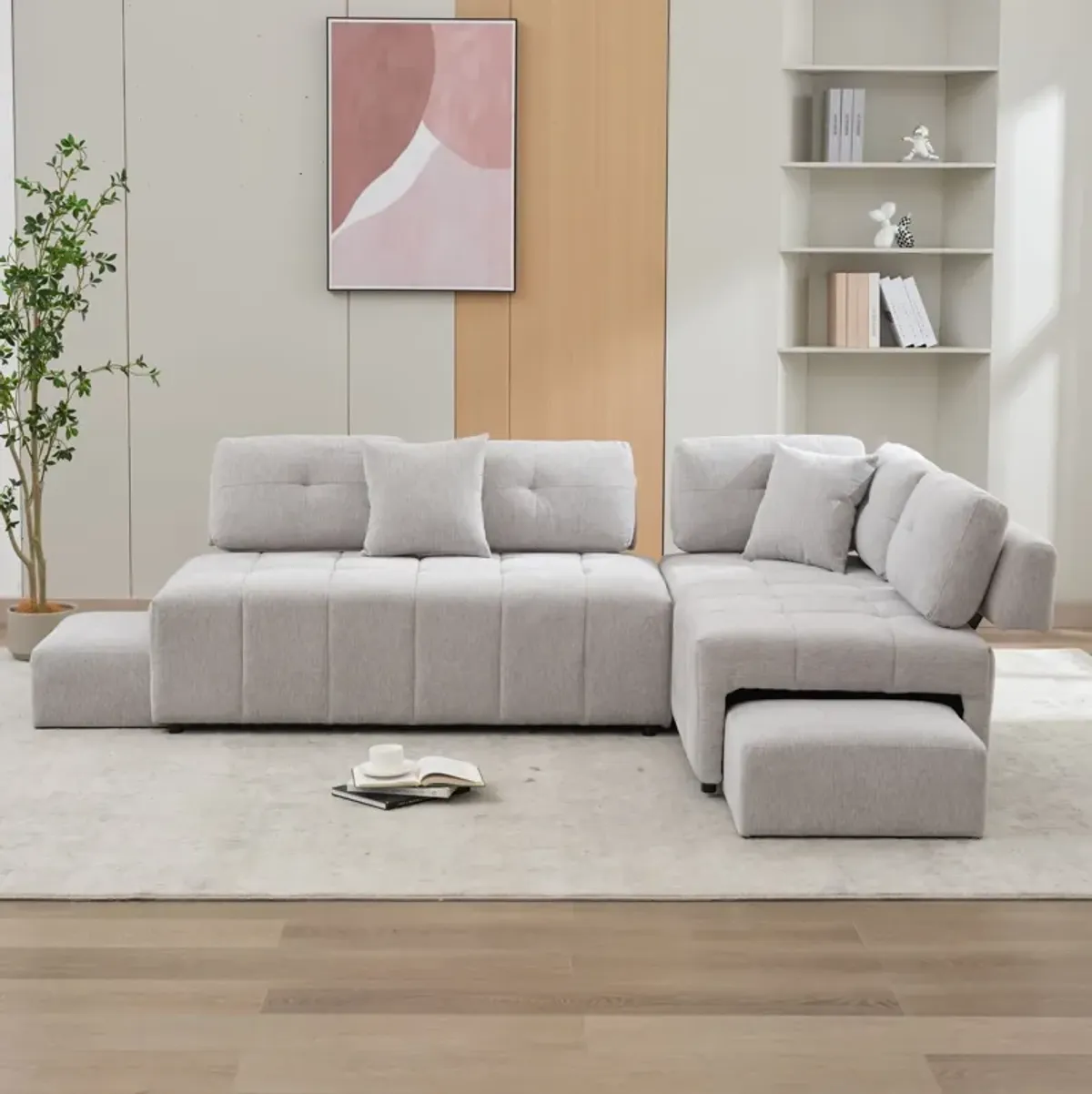 L-Shaped Sofa Sectional Sofa Couch With 2 Stools And 2 Lumbar Pillows For Living Room