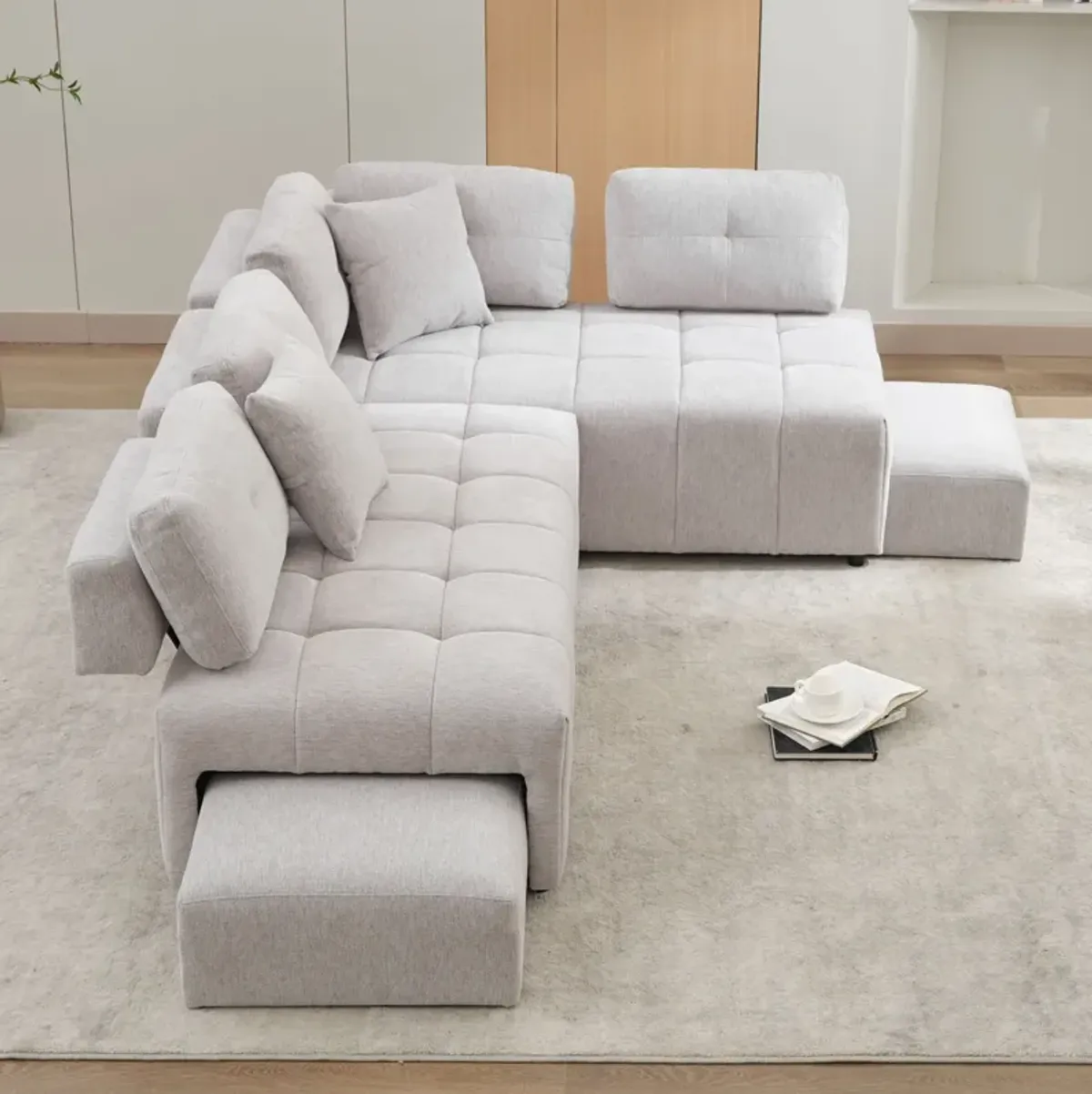 L-Shaped Sofa Sectional Sofa Couch With 2 Stools And 2 Lumbar Pillows For Living Room