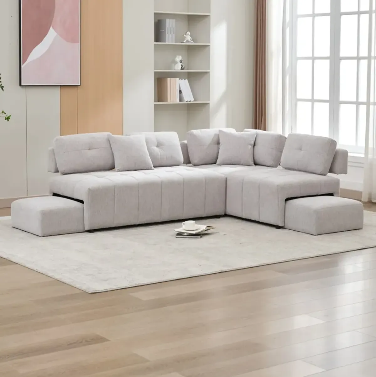 L-Shaped Sofa Sectional Sofa Couch With 2 Stools And 2 Lumbar Pillows For Living Room