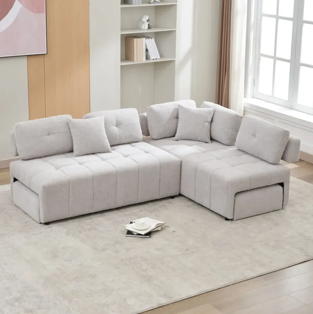 L-Shaped Sofa Sectional Sofa Couch With 2 Stools And 2 Lumbar Pillows For Living Room