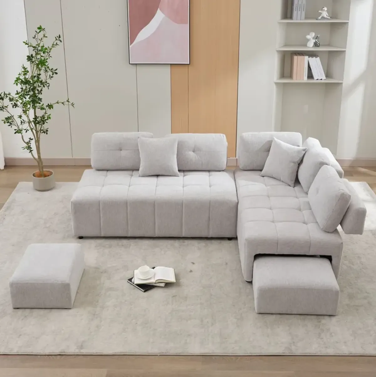 L-Shaped Sofa Sectional Sofa Couch With 2 Stools And 2 Lumbar Pillows For Living Room