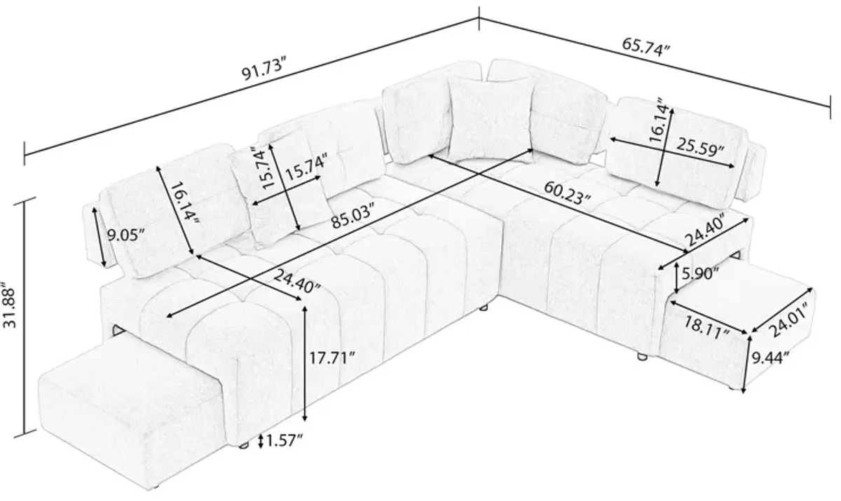 L-Shaped Sofa Sectional Sofa Couch With 2 Stools And 2 Lumbar Pillows For Living Room