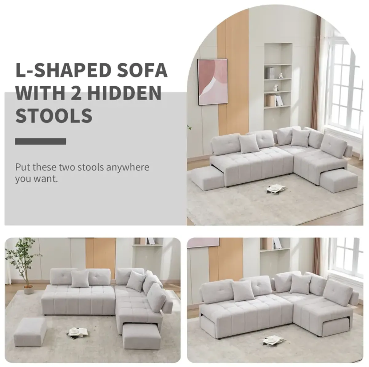 L-Shaped Sofa Sectional Sofa Couch With 2 Stools And 2 Lumbar Pillows For Living Room