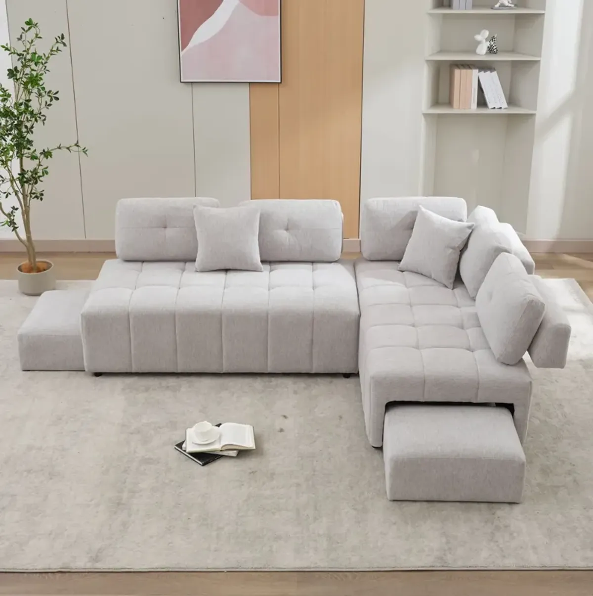 L-Shaped Sofa Sectional Sofa Couch With 2 Stools And 2 Lumbar Pillows For Living Room